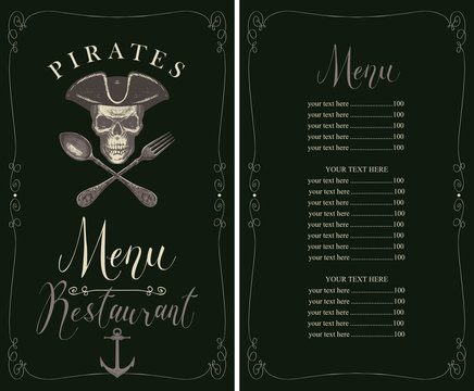 Vector menu for fresh seafood with hand-drawn human skull in pirate hat and crossed fork and spoon. Template of pirate menu with price list in frame with curls in retro style