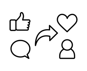 Thumbs up, comment, share, heart and followers icons. Social media icon. Linear web icons.