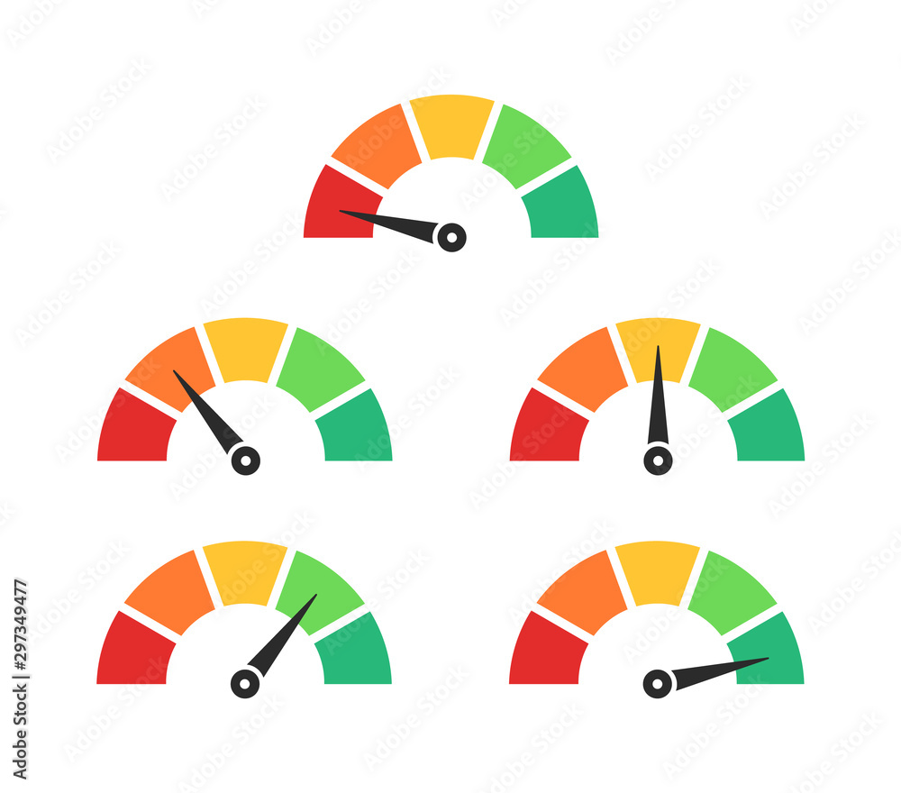 Poster speed metering icon. speedometer with arrow. set of low to high power levels. vector rating.