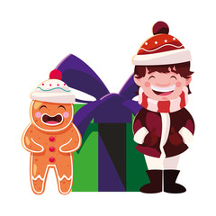 boy and gingerbread man with gift box in white background