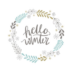 Fototapeta na wymiar Hello winter wreath vector illustration. Hand drawn christmas botanical wreath. Greeting card, stationery, poster design. 