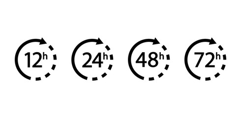 Set of arrows clock and time icons. 12, 24, 48, 72 hours.