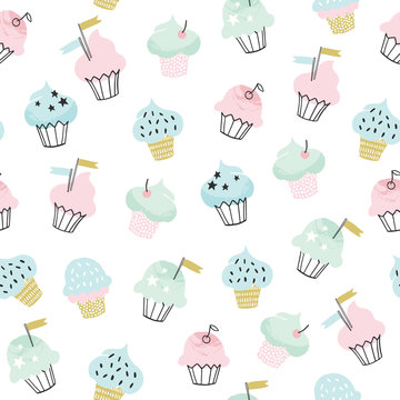 Cupcake vector pattern. Hand drawn cute cupcakes seamless background for party, birthday, greeting cards, gift wrap, stationery. 
