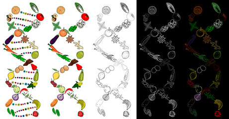 Healthy eating DNA from fruits and vegetables. Abstract representation of a healthy lifestyle and nutrition. Vector illustration for cafes, restaurants, eateries. Vegetarian food.