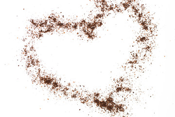 Fototapeta na wymiar Coconut, coffee, chocolate scrub in the shape of a heart on white background. Care, love, Valentine's day concept