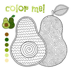 Coloring book page for children with outlines of avocado