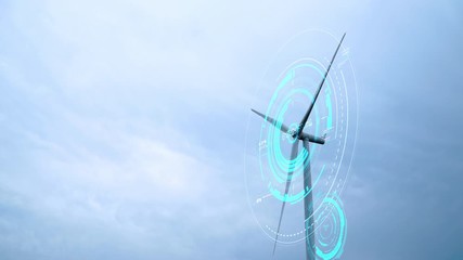 Modern Wind Turbines with digitally generated holographic display tech data visualization.Wind Turbines with clean energy counter layout for sustainable development in a green  - Powered by Adobe