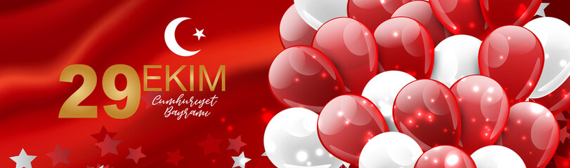 29 Ekim Cumhuriyet Bayrami  - 29 October National Republic Day of Turkey. Banner design or website header concept with red flag, balloons, and stars. Vector illustration with typography text.