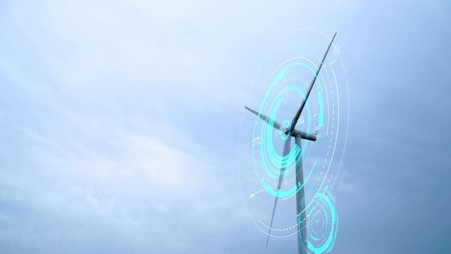Modern Wind Turbines with digitally generated holographic display tech data visualization.Wind Turbines with clean energy counter layout for sustainable development in a green 