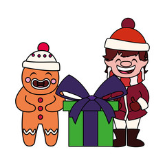 boy and gingerbread man with gift box in white background
