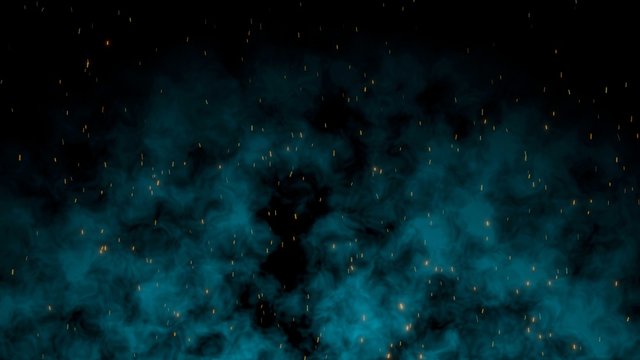 Fire sparks flying with a blue smoke background animation 3D rendering