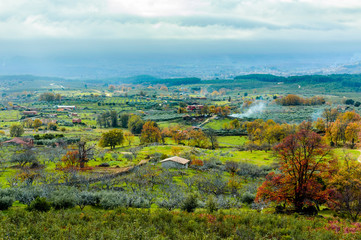 Autumnal Print With A Landscape Full Of Vegetation Farms And Large Green Pastures In The Freillo. December 15, 2018. El Raso Avila Castilla Leon Spain Europe. Travel Tourism Street Photography.