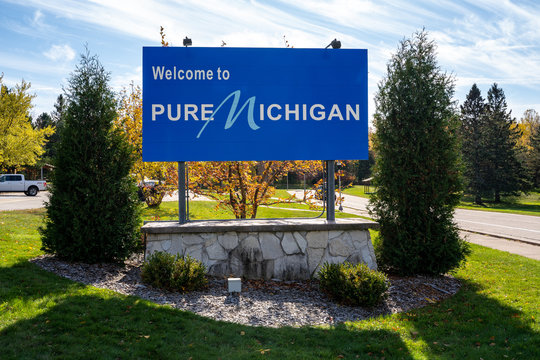 Ironwood, Michigan - October 18, 2019: Welcome to Pure Michigan sign on the MI / Wisconsin border in the upper peninsula