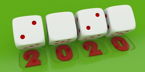 2020 Merry Christmas and Happy New Year ,3d render of a white dice on green background