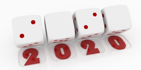 2020 Merry Christmas and Happy New Year ,3d render of a white dice on white background