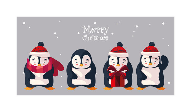 set of penguin in winter landscape with label merry christmas