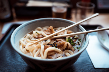 Bowl of Japanese pork noodles, Toya lake, Hokkaido, Japan