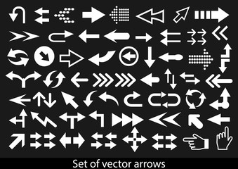 Vector set of white arrows on a black background.