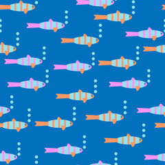 Seamless pattern with icons flat style of simple fish and bubbles.