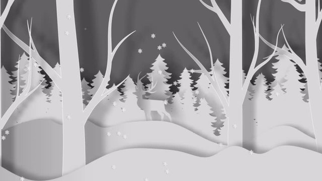 Ananimation of paper cut deer in a pine forest amid snow falling in the winter of Christmas.
