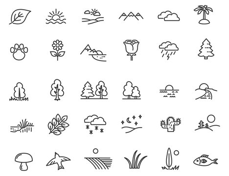 Set of linear nature icons. Landscape icons in simple design. Vector illustration