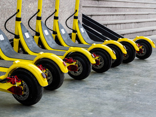 Several yellow e-scooters stand in a row for rent. Scooters are available for rent. Walk around the...