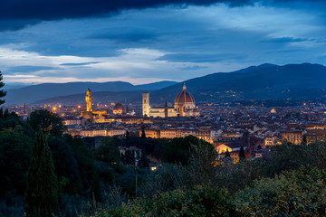 Fototapeta na wymiar View from Piazzale Michelangelo at sunset of the city of Florence, Tuscany, Italy - Santa Maria del Fiore and Giotto's bell tower in the blue hour