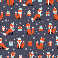 Christmas seamless pattern with fox background, Winter pattern with giftbox, wrapping paper, pattern fills, winter greetings, web page background, Christmas and New Year greeting cards