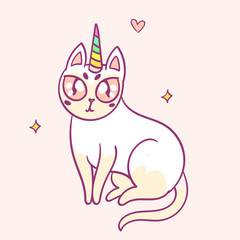 Cute cartoon character cat unicorn, funny magical hand drawn vector illustration. Tee, card print graphic art.