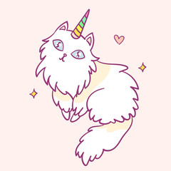 Cute cartoon character cat unicorn, funny magical hand drawn vector illustration. Tee, card print graphic art.