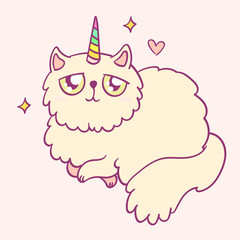 Cute cartoon character cat unicorn, funny magical hand drawn vector illustration. Tee, card print graphic art.