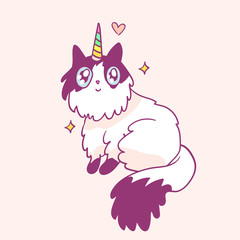 Cute cartoon character cat unicorn, funny magical hand drawn vector illustration. Tee, card print graphic art.