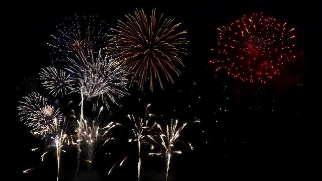 Closeup amazing firework show for celebration on black sky at night. (4K Video)