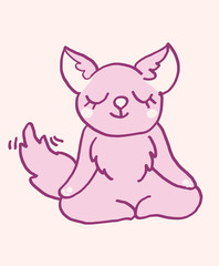 Cute cartoon character fox doing meditation, funny vector illustration. Tee card print graphic art.