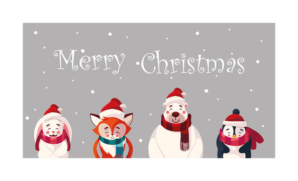 card of christmas with animals and label merry christmas