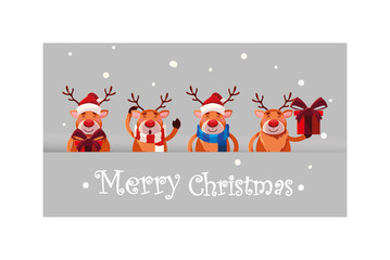 set of reindeer in winter landscape with label merry christmas