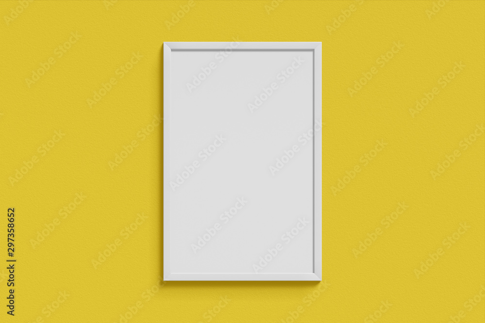 Poster vertical simple mock-up picture frame white color hanging on a blank yellow wall simple interior. 3d