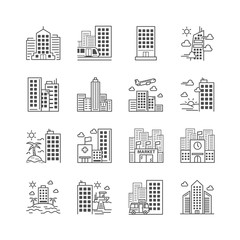 Set of building icon hotel and the accommodation is close to transportation hospital market and school. Editable stroke. Vector EPS10.