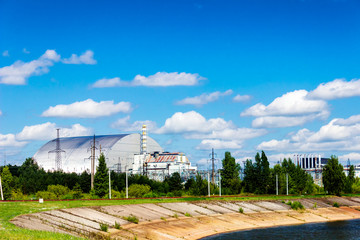 Chernobyl sarcophagus over the 4th reactor, Ukraine. Chernobyl nuclear power plant.