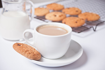 Cup of tea with milk, homemade cookies on the white background