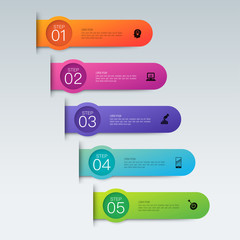 Infographics design paper art style and business icons with 5 options. Use in corporate report, marketing, annual report. Network management data screen with charts, diagrams.