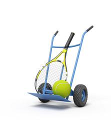 3d rendering of navy blue hand truck standing upright in half-turn with tennis ball and racket on it.