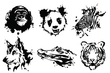 Animals collection. Wild animals isolated on white background. Vector grunge illustration design template.