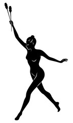 Rhythmic gymnastics. Silhouette of a girl with maces. Great gymnast. The woman is slim and young. Vector illustration