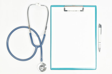 Stethoscope with clipboard and pen on white background.