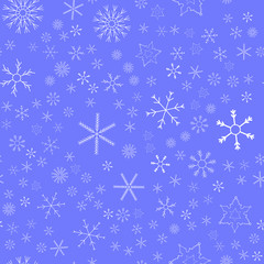 Fototapeta na wymiar Snowflakes in different shapes and forms. Merry Christmas and New Year seamless vector pattern. Colorful background for Xmas.