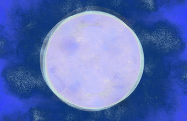 Big moon on night sky beautiful hand drawn illustration. Paint on paper artistic drawing