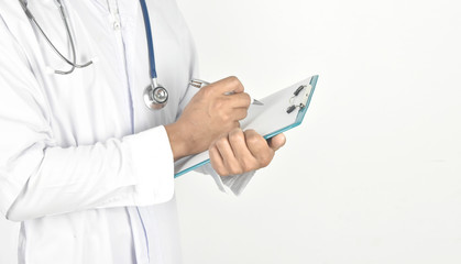 doctor with stethoscope working holding a clipboard on white background.