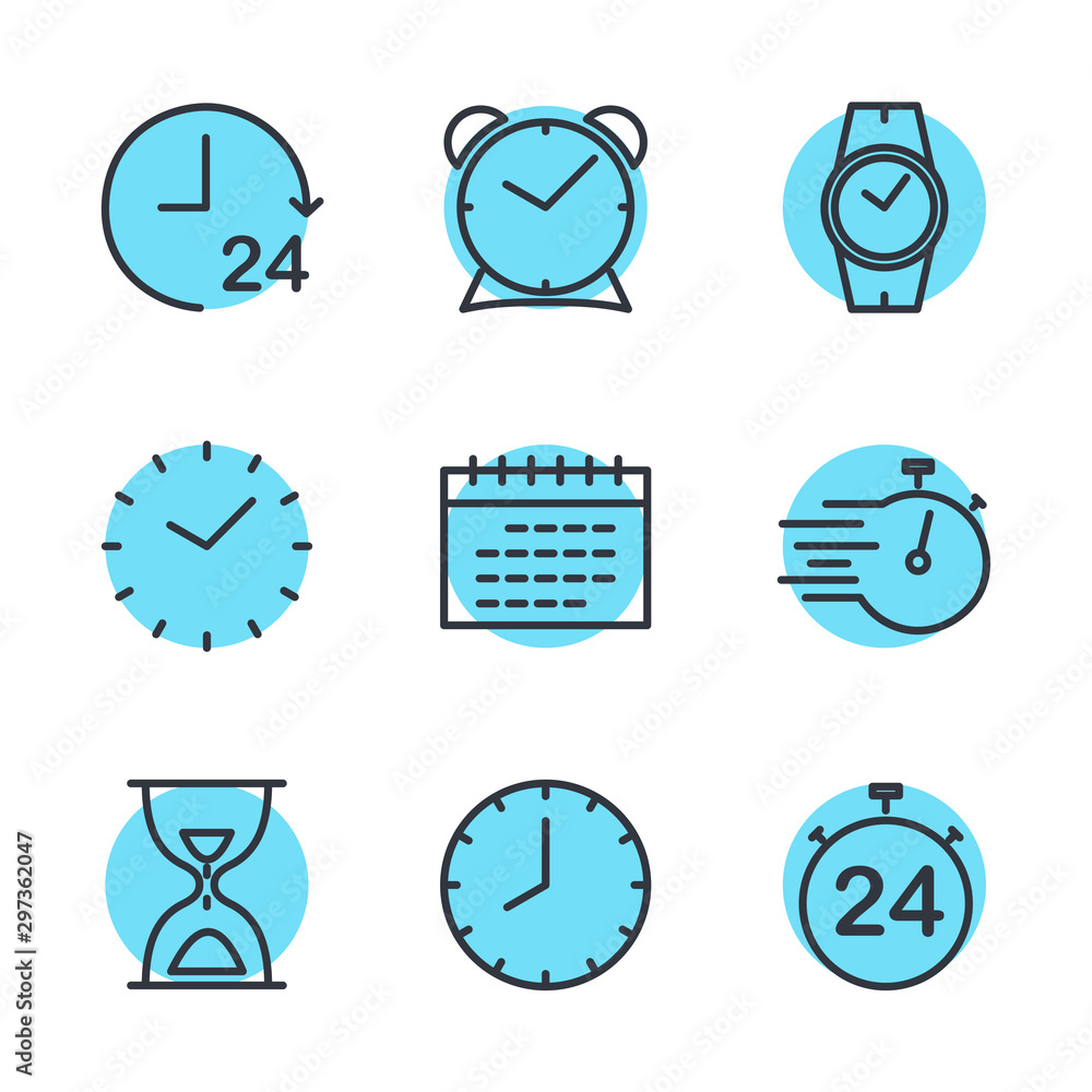 Poster simple set of time icon template color editable. contains such icons as time inspection, log, calend
