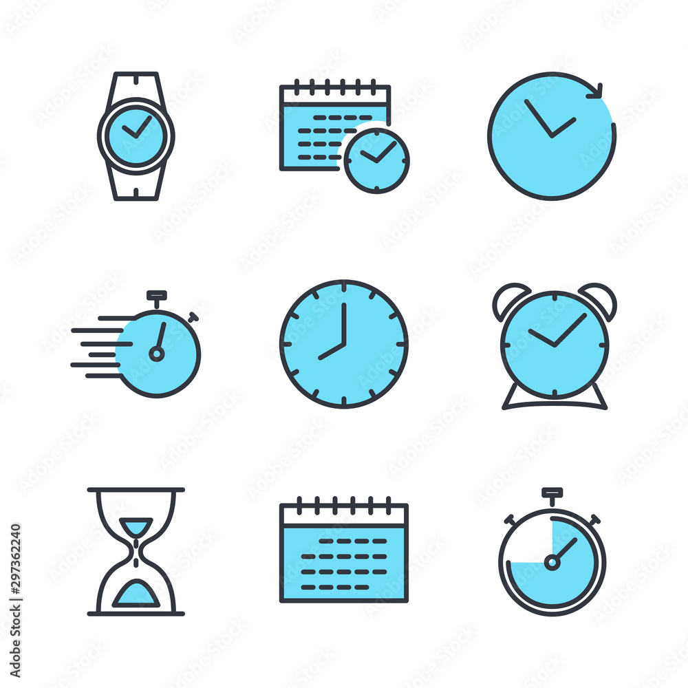 Poster Simple Set of Time icon template color editable. Contains such Icons as Time Inspection, Log, Calendar and more symbol vector sign isolated on white background for graphic and web design.